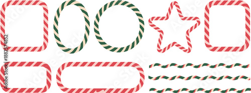 Christmas, candy, cane, frames, set, festive, borders, with, red, green, stripes, holiday, decoration, isolated, on, white, background, vector, design, elements
