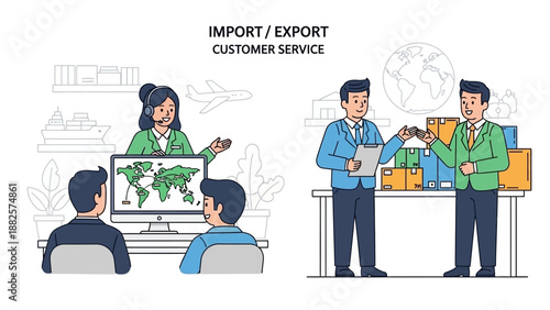 Customer service representatives assisting clients with import and export inquiries at a modern office desk