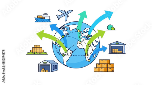 Global Logistics and Transportation Network Illustration Featuring Warehouses, Ships, Planes, and Packages