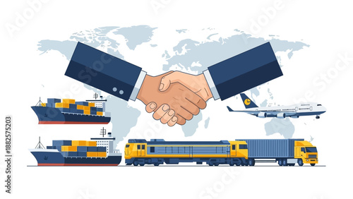 Global Logistics and Transportation Partnership Deal Illustration Featuring Ships Trains and Airplanes