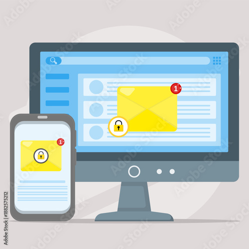 Secure email notification displayed on desktop and smartphone screen. Concept of encrypted communication, inbox alerts, data protection, cybersecurity, and safe digital messaging across devices.