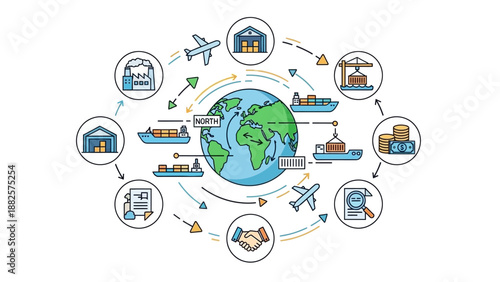 Global Logistics and Transportation Network Illustration Depicting Various Modes of Transport and Storage Around the Earth