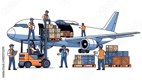 Workers unloading cargo from a large airplane at an airport with a forklift and pallets of goods