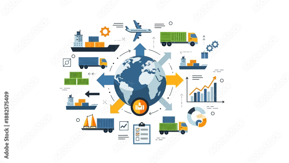 Obraz premium Global Logistics and Transportation Network Surrounding the Earth with Various Vehicles and Icons