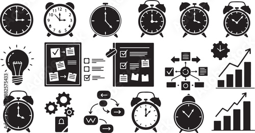Black and white business icons and clocks concept design