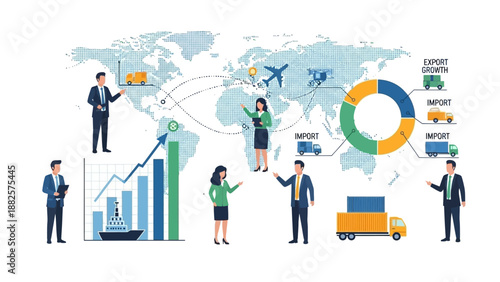 Business professionals analyzing global market trends and logistics on digital devices and graphs illustrated on a world map background from various viewpoints