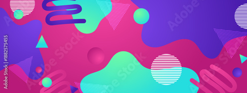 Abstract background featuring purple and teal organic liquid shapes with white striped circles and dotted triangles on a pink background