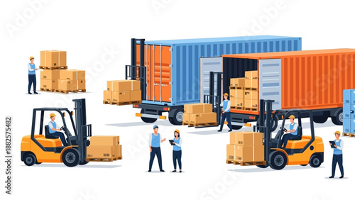Logistics workers operating forklifts load and unload cargo from shipping containers in an industrial yard