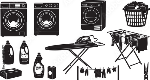 Laundry day essentials and household cleaning supplies illustration set