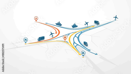 Aerial view of transportation routes and vehicles converging at a central hub with roads, airplanes, and trucks in motion