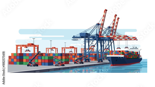 Cargo ship docked at a bustling port with cranes loading containers in a busy harbor scene