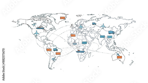 Global connections and travel routes illustrated on a world map with various icons and symbols