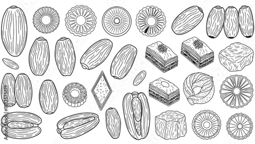Middle Eastern sweets and dates fruit collection vector.