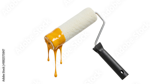 Professional paint roller dripping with thick yellow paint isolated on white, home renovation and interior decorating tool concept Transparent background