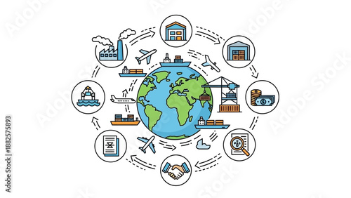 Global Logistics and Transportation Network Illustration Showcasing Various Modes of Transport and Communication Around the World
