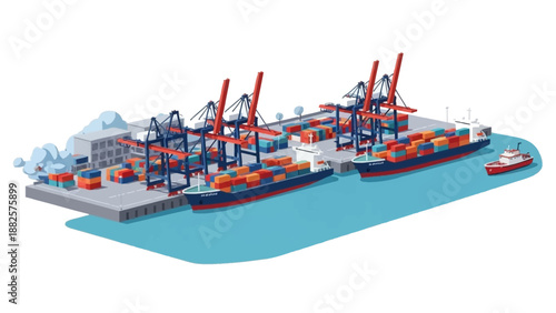 Industrial harbor with cranes and cargo ships in operation viewed from above