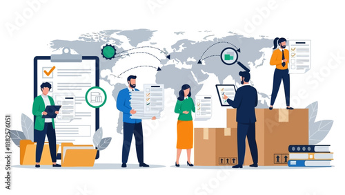 Global logistics team managing packages and documents around the world with teamwork and communication