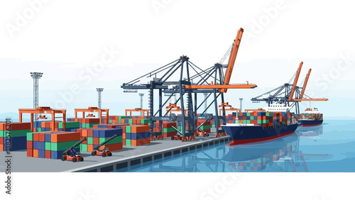 Cargo ship docked at a bustling industrial port with cranes loading containers