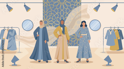 Three women showcasing modest fashion, including abayas and hijabs, on a runway with spotlights and clothing racks, featuring Islamic patterns in the background.