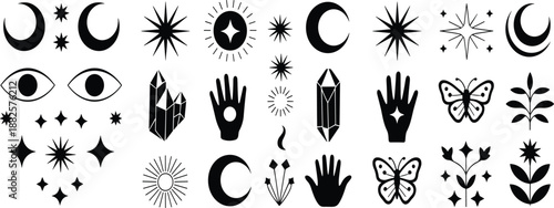 Collection of mystical celestial symbols icons including moon sun crystal eye hand cat butterfly stars, boho magic vector illustration set