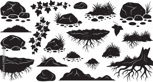 Black and white illustration of various rocky landscape elements