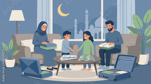 A Muslim family packing suitcases in their living room at night, with a mosque and crescent moon visible outside the window, preparing for a journey or holiday.