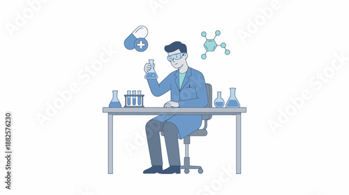 An illustration of a male scientist in a lab coat and safety glasses conducting research with test tubes and chemical compounds.