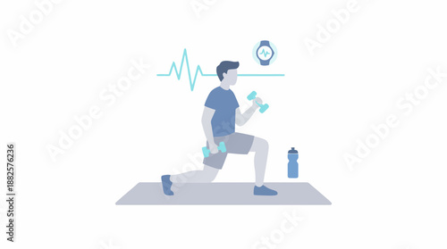 An illustration of a man performing a lunge exercise with dumbbells, featuring health monitoring elements like a heart rate line and a smartwatch icon.