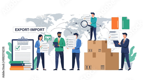 Global Trade Professionals Inspecting Documents and Cargo Shipments