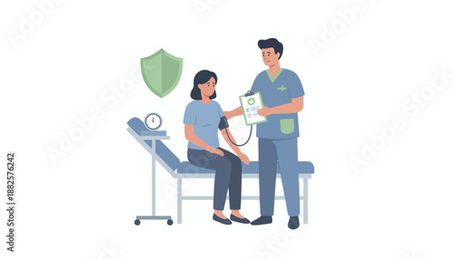 A medical professional checks a female patient's blood pressure during a health examination, symbolizing healthcare and protection.