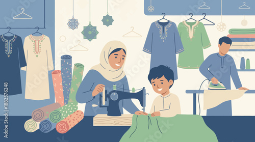 Family in a clothing workshop, with woman sewing and man working at a table, surrounded by garments and fabric