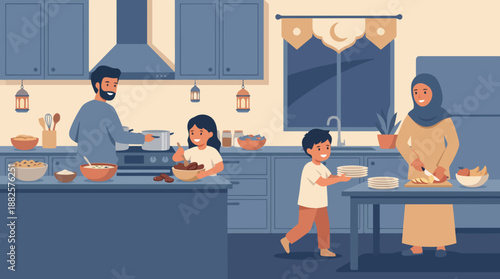 A Muslim family, including parents and two children, preparing food together in a kitchen decorated with Islamic elements.