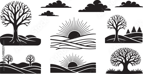 Black and white landscape silhouettes with trees and sun