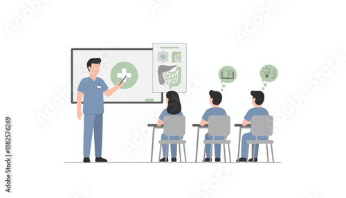 A male medical instructor teaches students about health and human anatomy in a classroom setting.