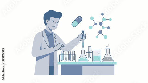 A male scientist in a lab coat conducting an experiment with test tubes and beakers, surrounded by chemical and pharmaceutical elements.