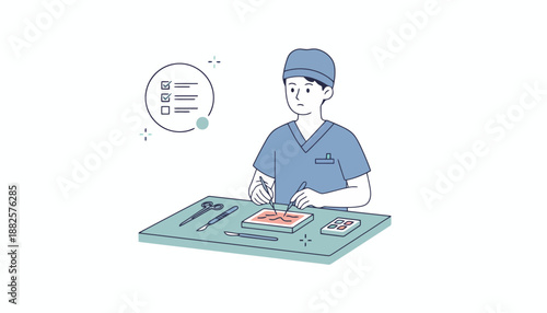 A medical professional practicing surgery with instruments and a checklist.
