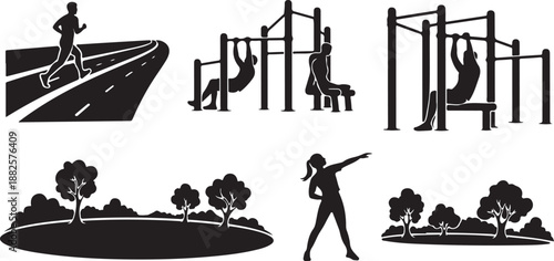 Fitness icons with people exercising outdoors in park setting