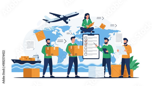 Global Logistics Operation with Workers Handling Packages and Documents