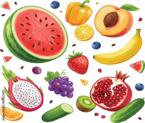 Colorful tropical fruit illustration with watermelon banana kiwi peach strawberry mango pineapple orange dragon fruit pomegranate isolated background pastel design