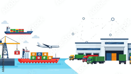 Cargo ship unloading containers at a bustling port with trucks and cranes in operation