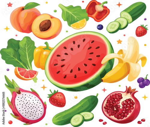 Colorful tropical fruit illustration with watermelon banana kiwi peach strawberry mango pineapple orange dragon fruit pomegranate isolated background pastel design