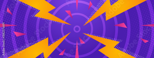 Energetic purple background featuring yellow thunderbolt shapes radiating from a central point with circular dotted rings