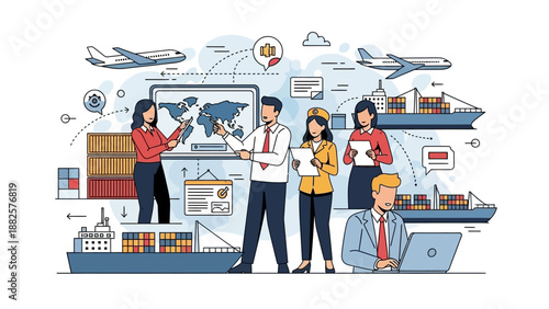 Global Logistics Team Discussing International Shipping Operations with Cargo Ships and Airplanes in the Background