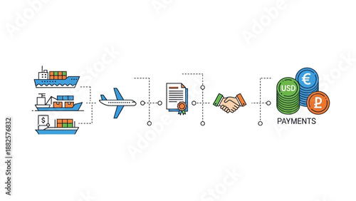 Global Trade Transaction Process Illustrated with Transportation Modes and Payment Methods