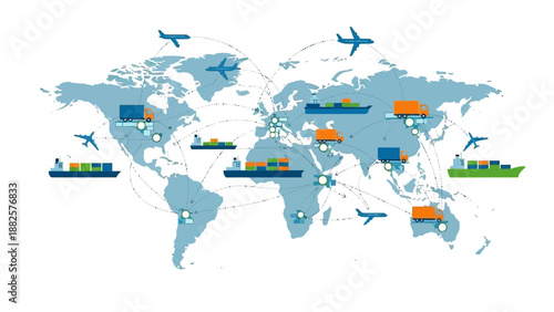 Global Logistics and Transportation Network with Cargo Ships, Trucks, and Planes on World Map