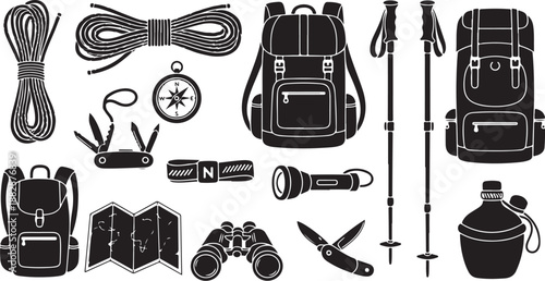 Camping and hiking equipment icons in black and white
