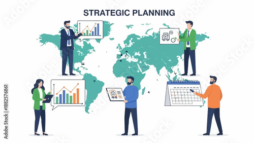 Global Strategic Planning Meeting with Professionals Analyzing Data and Charts