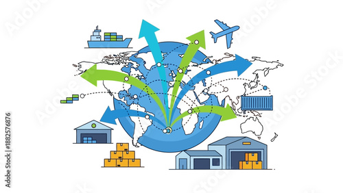 Global logistics and transportation network illustration showing warehouse, cargo ship, airplane, and truck movements across the world map