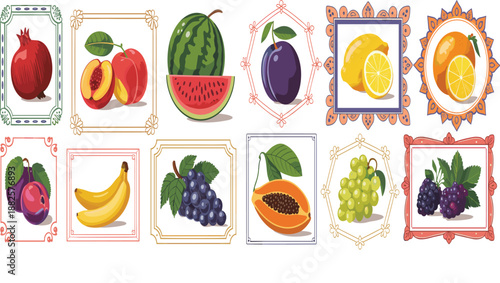 Colorful vintage fruit illustration set, with decorative frames featuring watermelon lemon banana grapes papaya plum peach pomegranate vector art collection