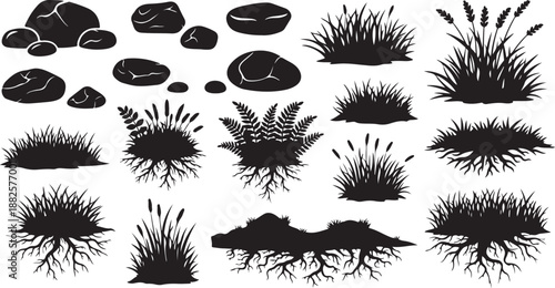 Black silhouettes of grasses and rocks on white background